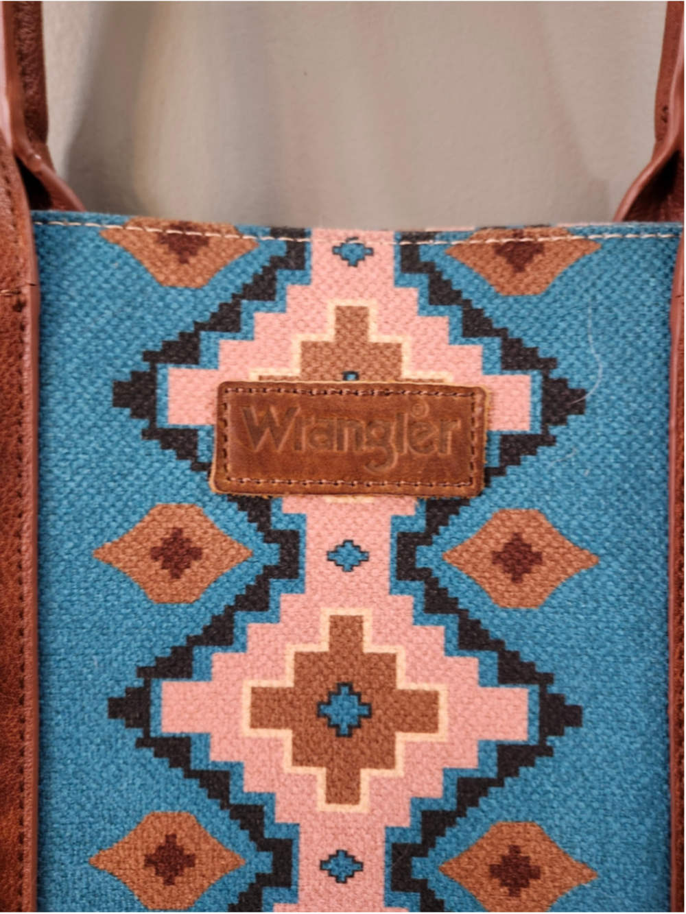 Women's Wrangler Tote Bag One Size Blue Brown Southwestern Pattern - Picture 2 of 15